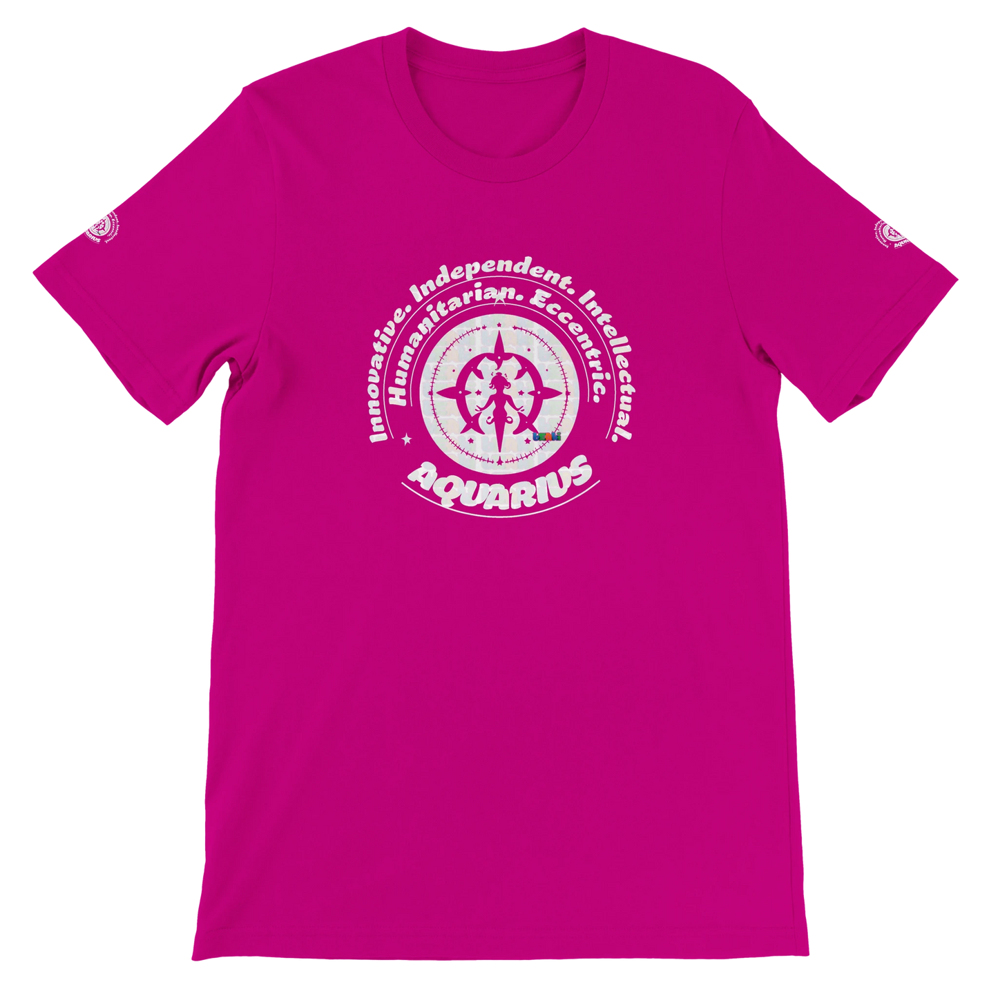 Purple unisex crewneck T-shirt with Aquarius zodiac horoscope, Innovative, Independent, Intellectual, Humanitarian, Eccentric.
