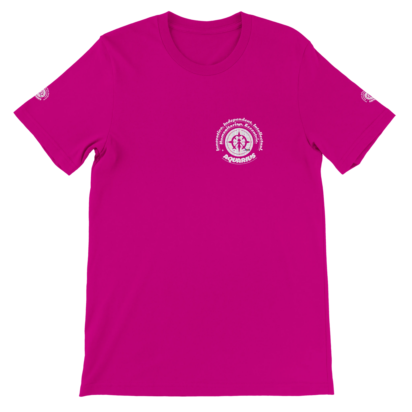 Purple unisex crewneck T-shirt with Aquarius zodiac horoscope, Innovative, Independent, Intellectual, Humanitarian, Eccentric.
