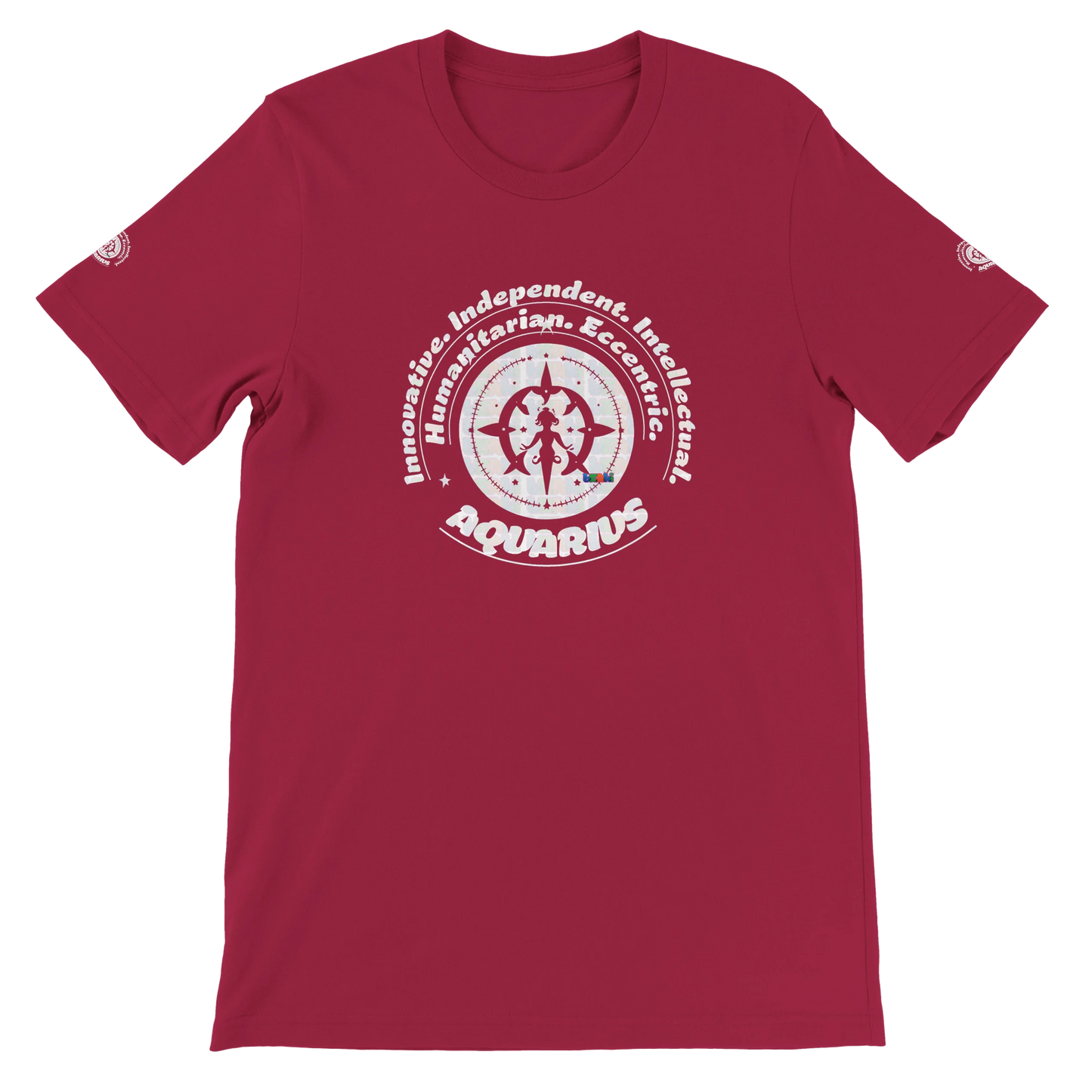 Purple unisex crewneck T-shirt with Aquarius zodiac horoscope, Innovative, Independent, Intellectual, Humanitarian, Eccentric.