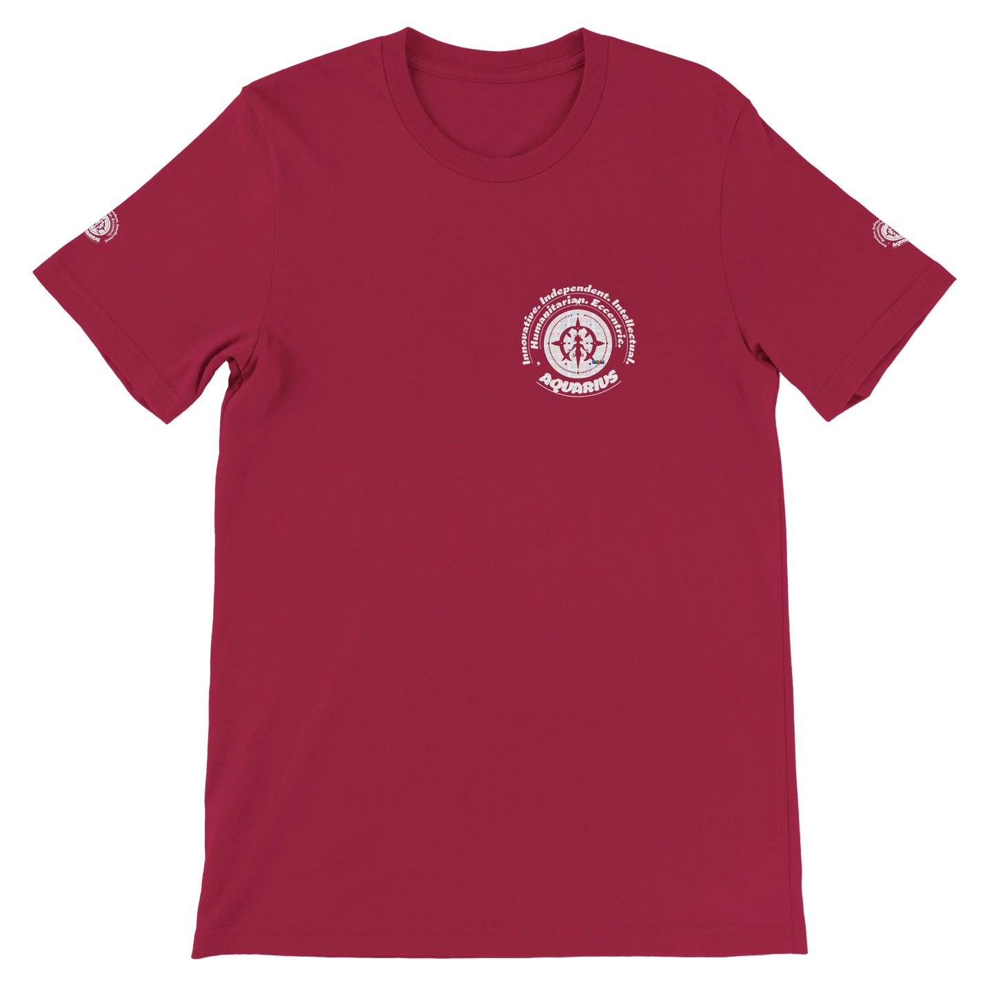 Purple unisex crewneck T-shirt with Aquarius zodiac horoscope, Innovative, Independent, Intellectual, Humanitarian, Eccentric.