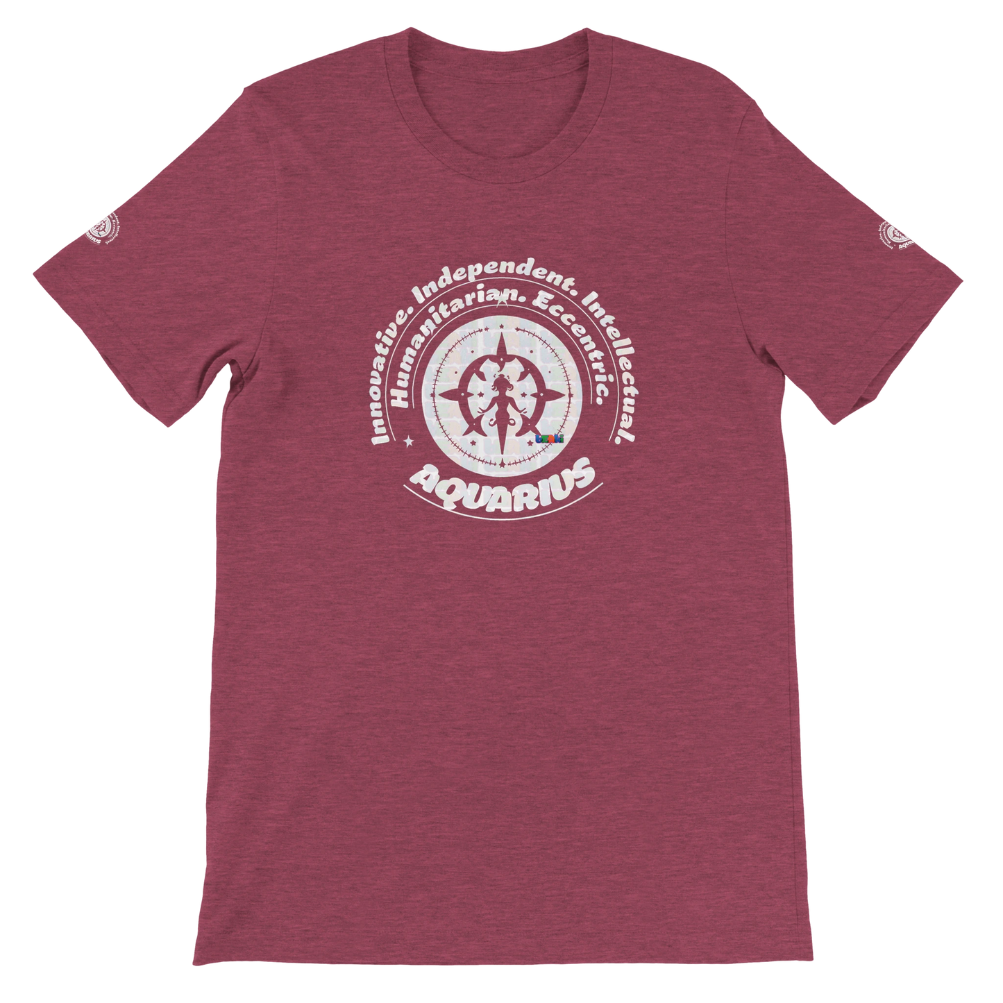 Purple unisex crewneck T-shirt with Aquarius zodiac horoscope, Innovative, Independent, Intellectual, Humanitarian, Eccentric.