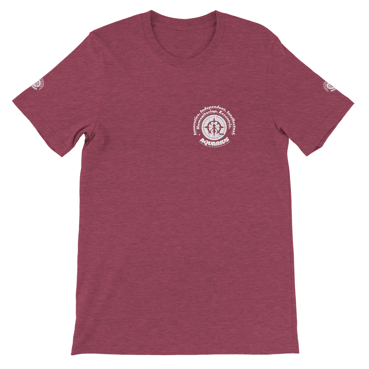 Purple unisex crewneck T-shirt with Aquarius zodiac horoscope, Innovative, Independent, Intellectual, Humanitarian, Eccentric.