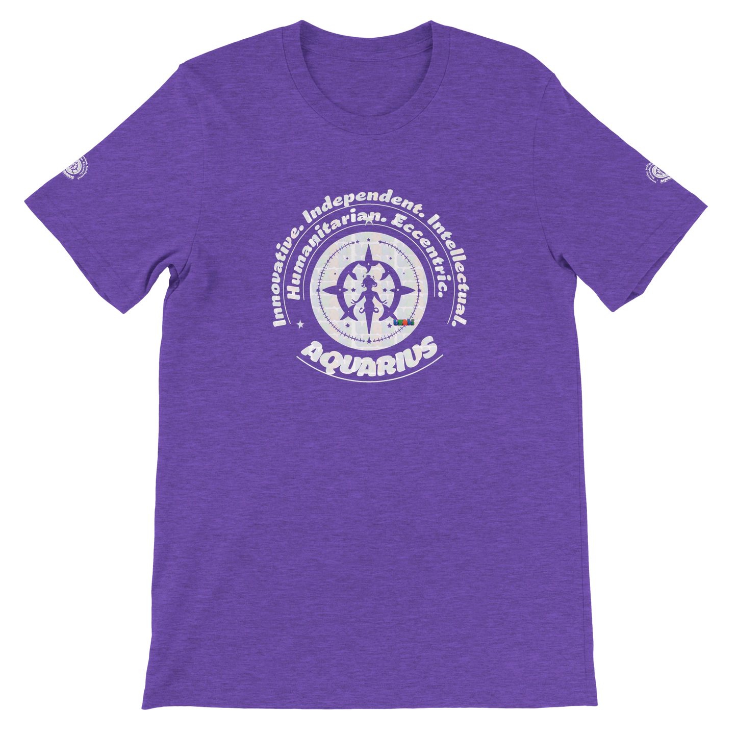 Purple unisex crewneck T-shirt with Aquarius zodiac horoscope, Innovative, Independent, Intellectual, Humanitarian, Eccentric.