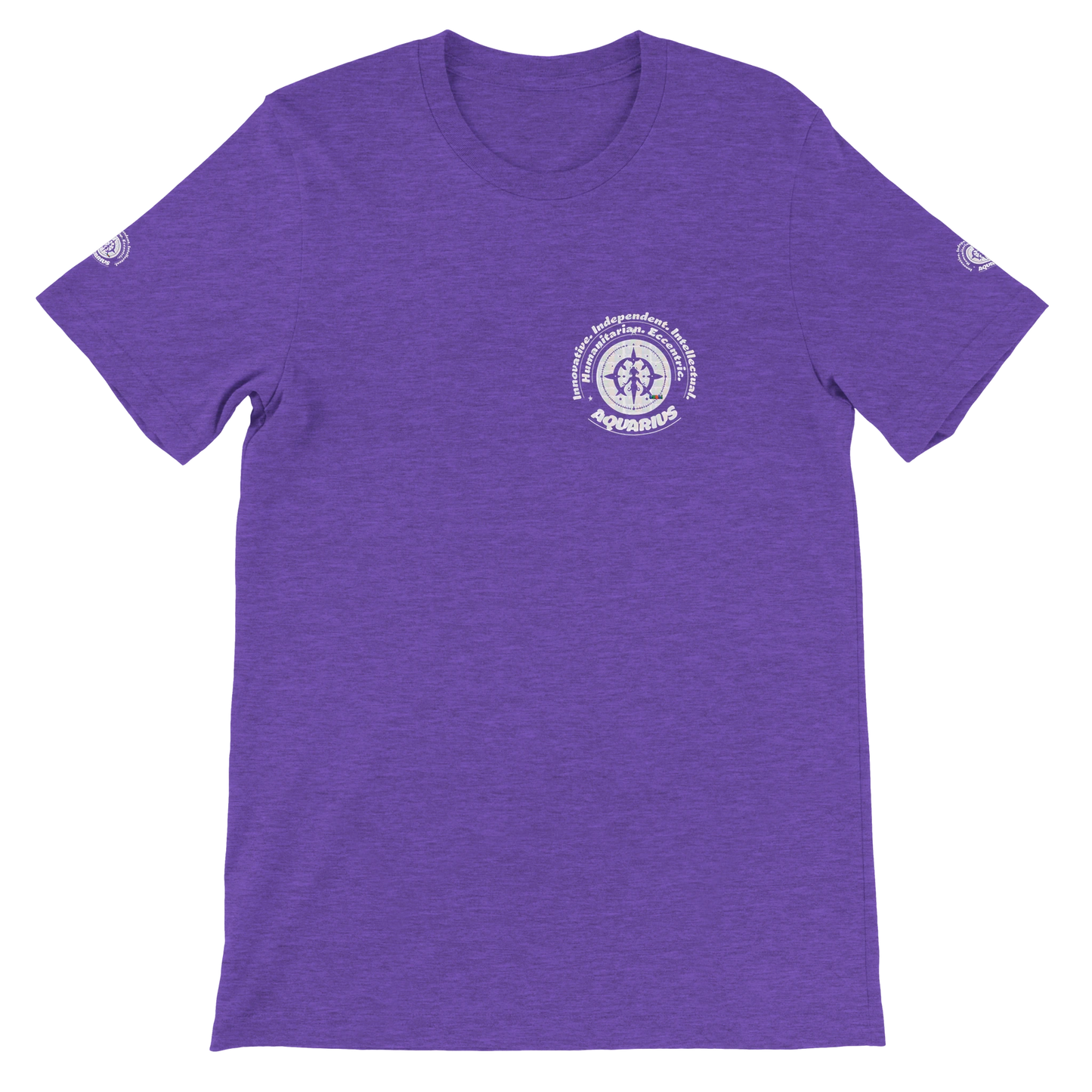 Purple unisex crewneck T-shirt with Aquarius zodiac horoscope, Innovative, Independent, Intellectual, Humanitarian, Eccentric.