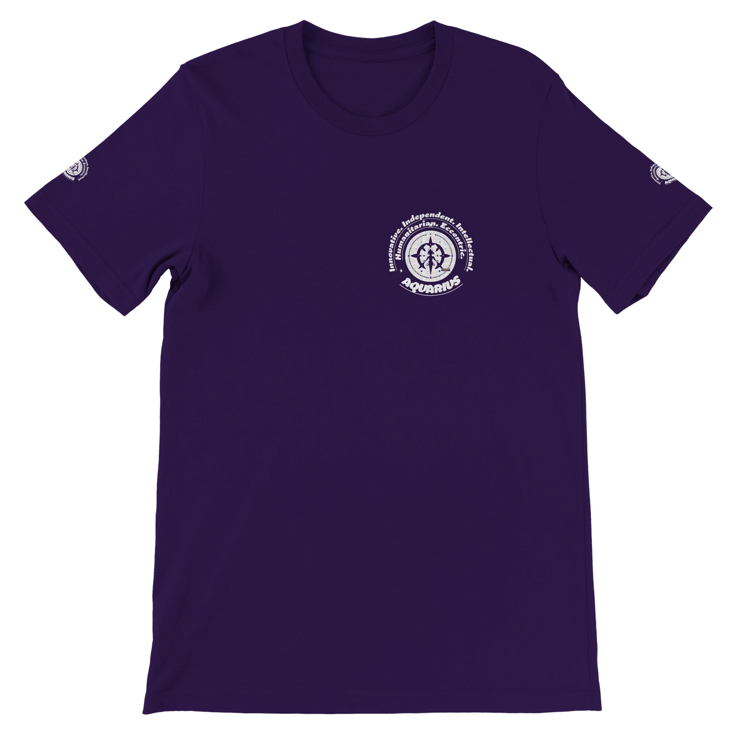 Purple unisex crewneck T-shirt with Aquarius zodiac horoscope, Innovative, Independent, Intellectual, Humanitarian, Eccentric.