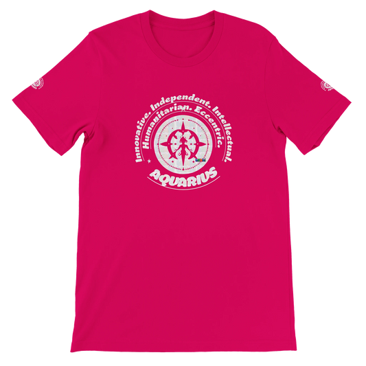 Red unisex crewneck T-shirt with Aquarius zodiac design, perfect birthday gift for horoscope lovers, by trendybuybest.com.