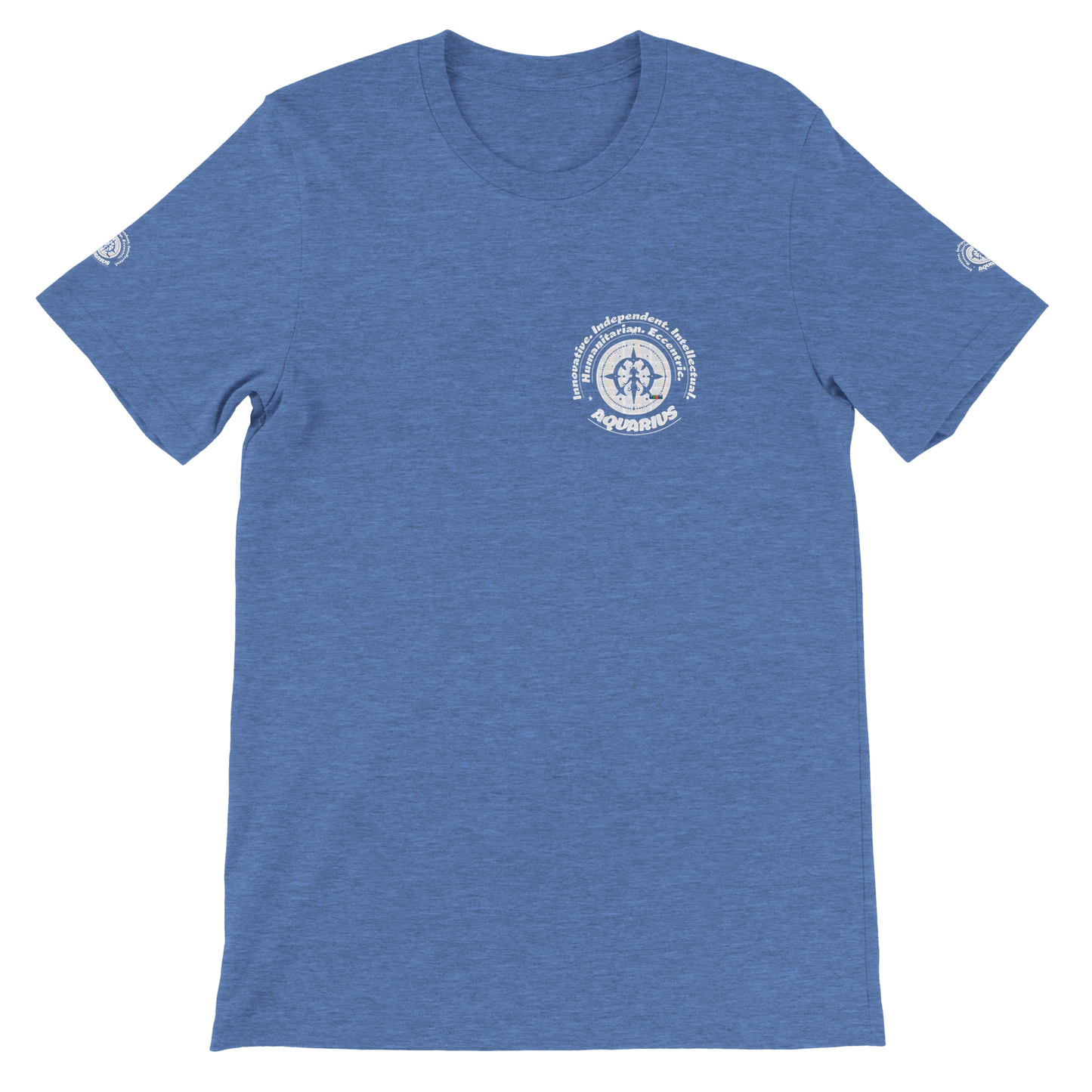 Blue unisex crewneck T-shirt with Aquarius design, perfect zodiac gift, stylish and comfortable for astrology enthusiasts.