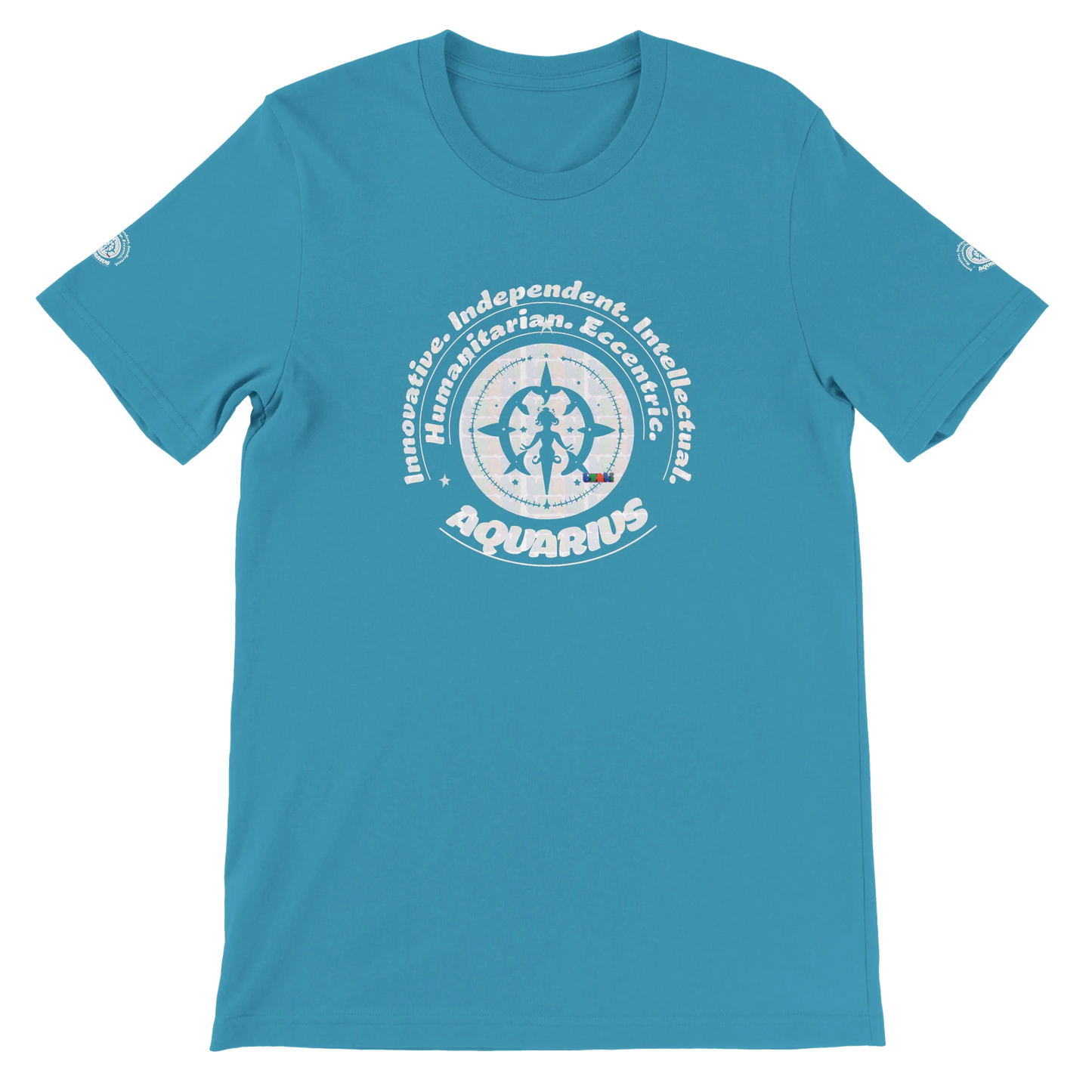 Blue unisex crewneck T-shirt with Aquarius design, perfect zodiac gift, stylish and comfortable for astrology enthusiasts.