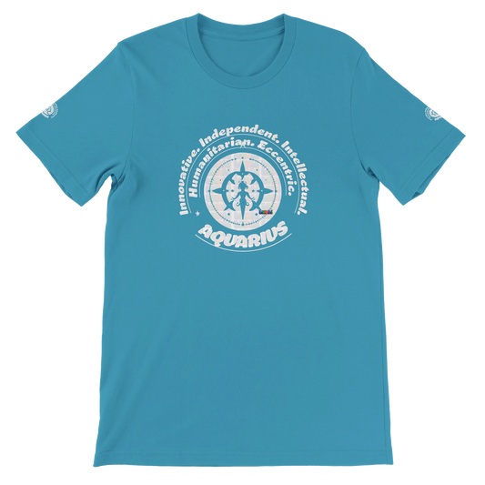 Blue unisex crewneck T-shirt with Aquarius design, perfect zodiac gift, stylish and comfortable for astrology enthusiasts.