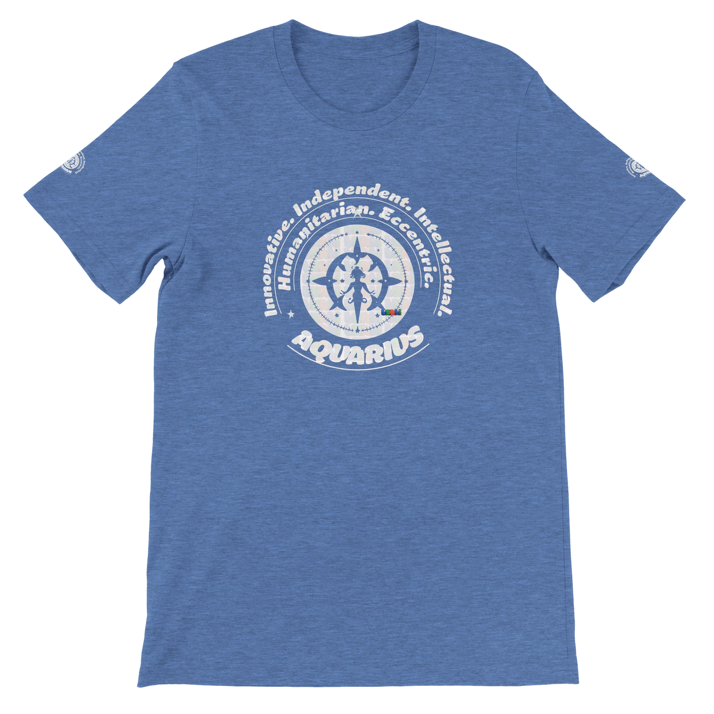 Blue unisex crewneck T-shirt with Aquarius design, perfect zodiac gift, stylish and comfortable for astrology enthusiasts.
