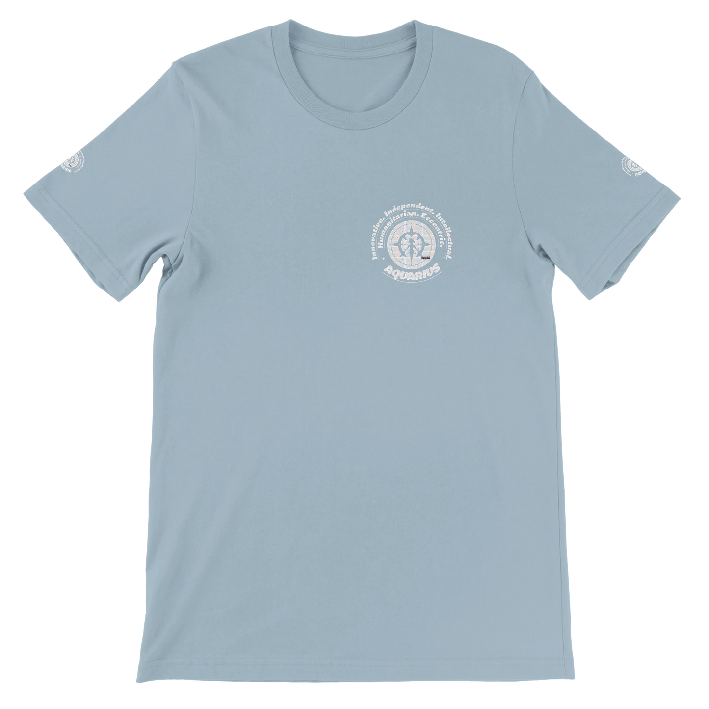 Blue unisex crewneck T-shirt with Aquarius design, perfect zodiac gift, stylish and comfortable for astrology enthusiasts.