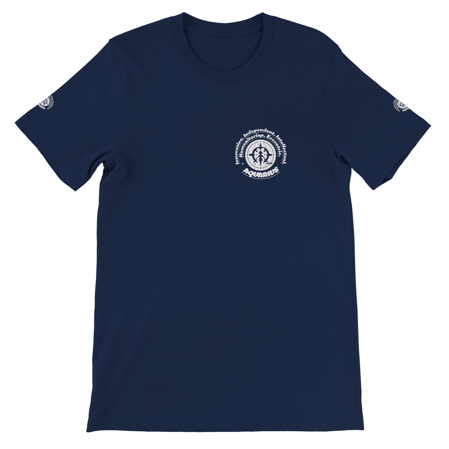Blue unisex crewneck T-shirt with Aquarius design, perfect zodiac gift, stylish and comfortable for astrology enthusiasts.