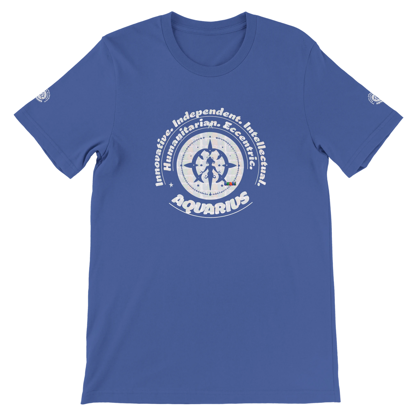 Blue unisex crewneck T-shirt with Aquarius design, perfect zodiac gift, stylish and comfortable for astrology enthusiasts.