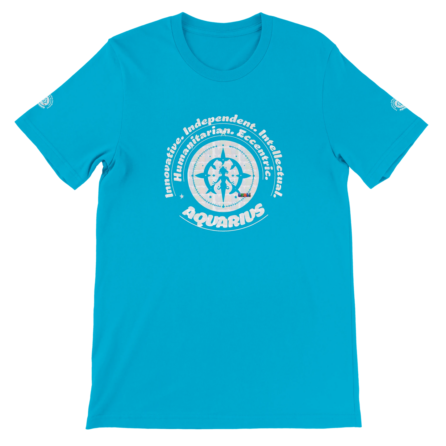 Blue unisex crewneck T-shirt with Aquarius design, perfect zodiac gift, stylish and comfortable for astrology enthusiasts.