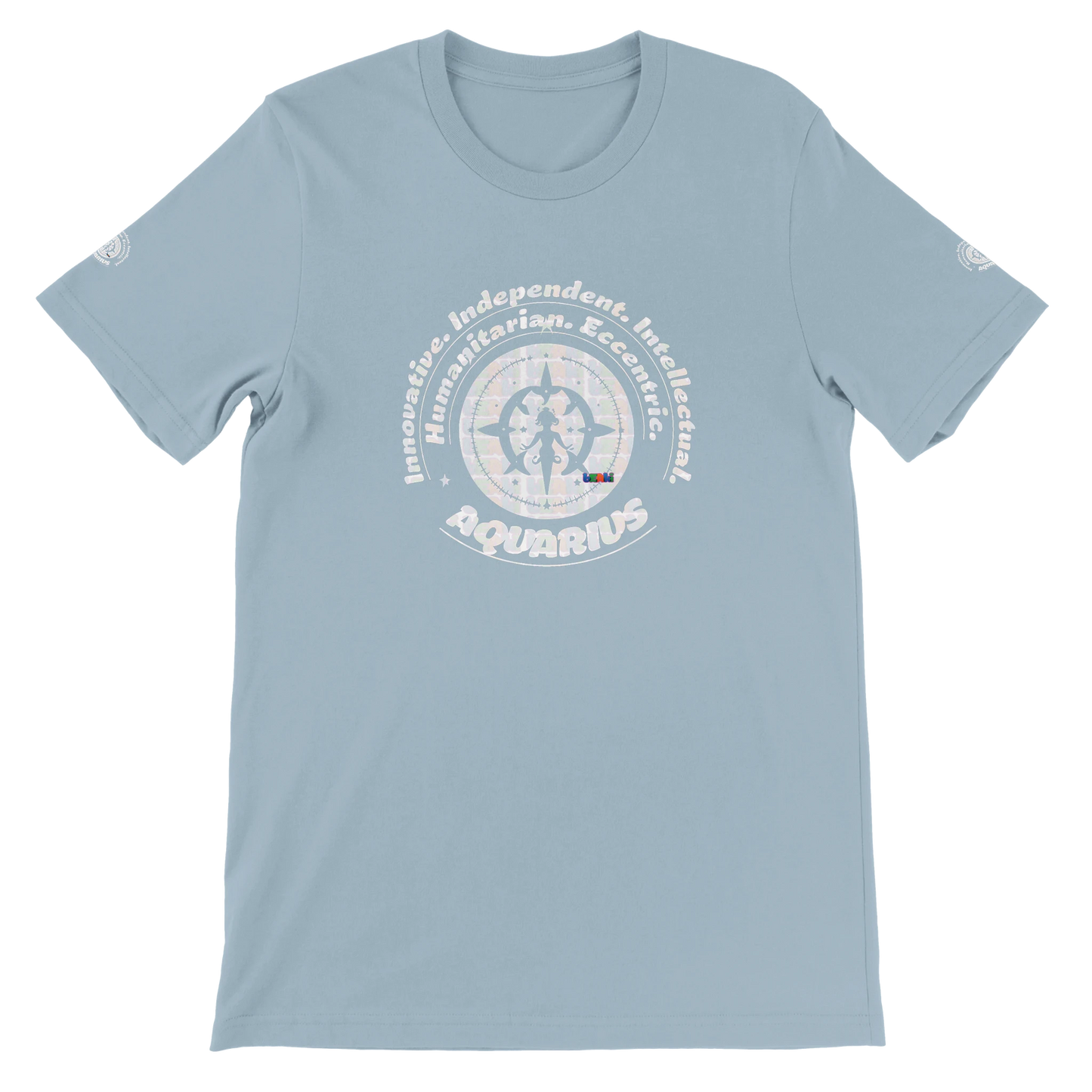 Blue unisex crewneck T-shirt with Aquarius design, perfect zodiac gift, stylish and comfortable for astrology enthusiasts.