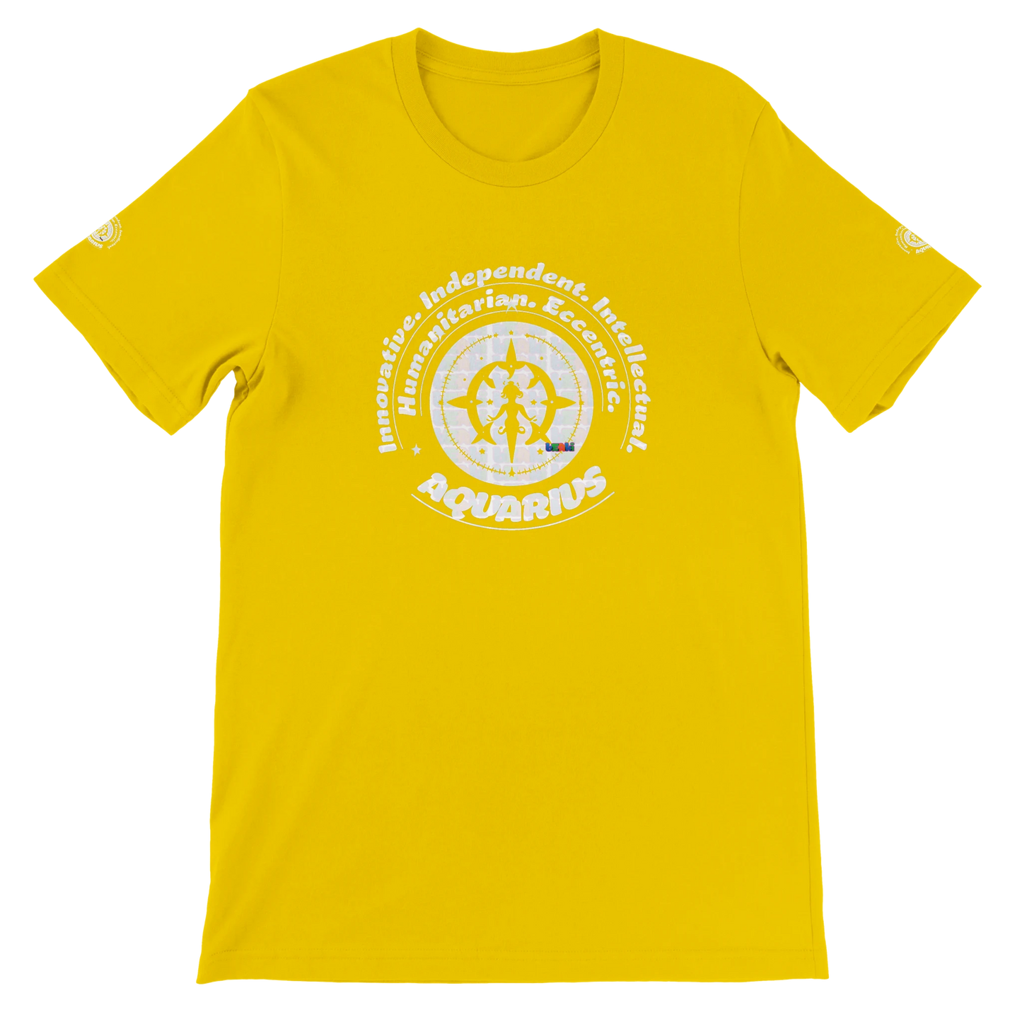 Yellow unisex crewneck T-shirt with Aquarius Astrology design, Innovative, Independent, Intellectual, Humanitarian, Eccentric.