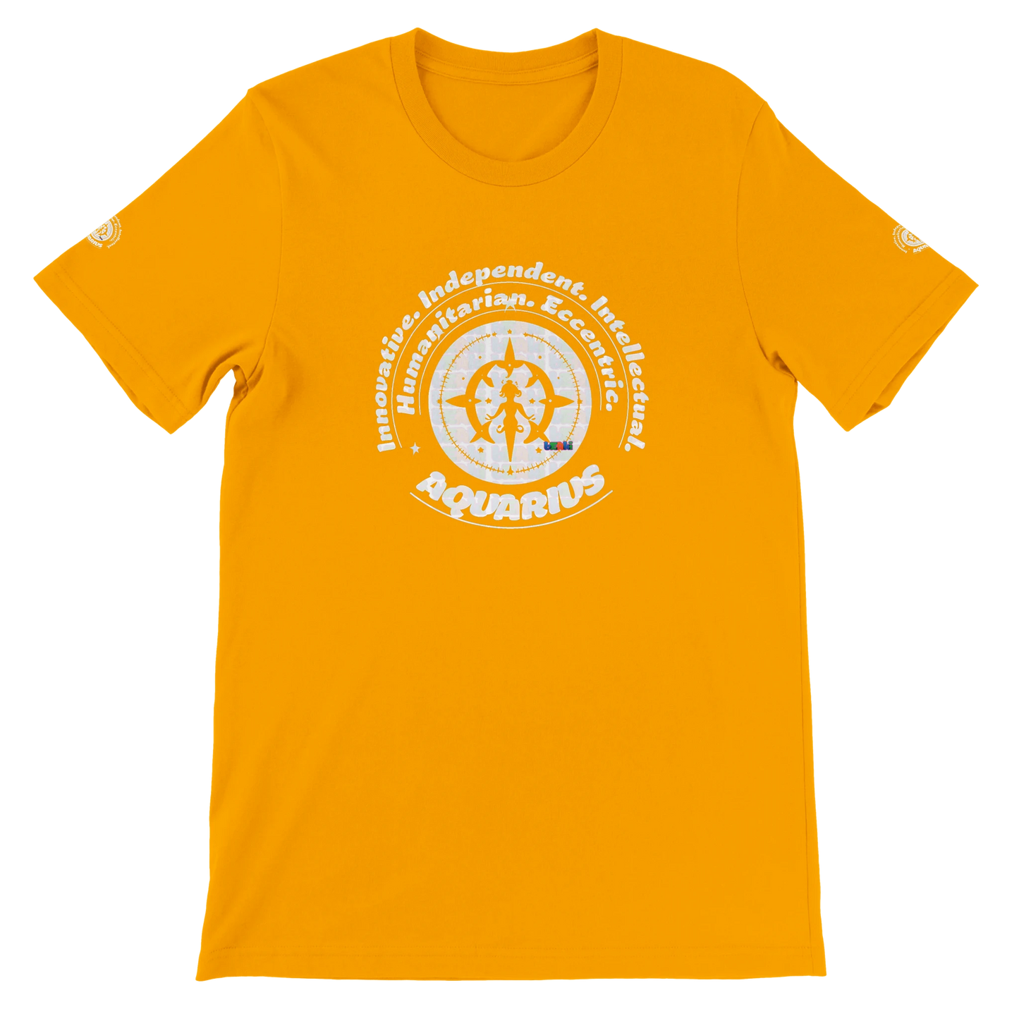 Yellow unisex crewneck T-shirt with Aquarius Astrology design, Innovative, Independent, Intellectual, Humanitarian, Eccentric.