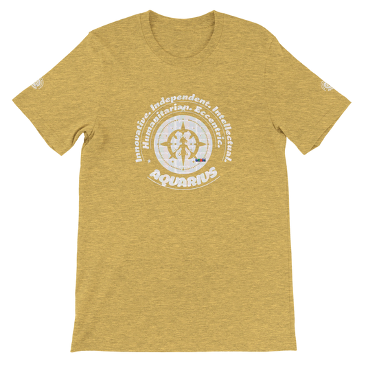 Yellow unisex crewneck T-shirt with Aquarius Astrology design, Innovative, Independent, Intellectual, Humanitarian, Eccentric.