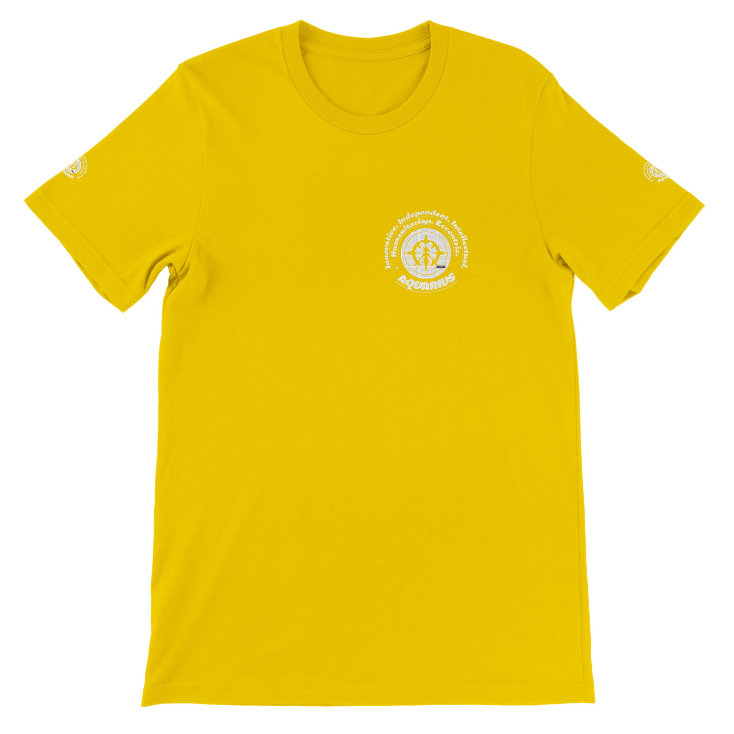 Yellow unisex crewneck T-shirt with Aquarius Astrology design, Innovative, Independent, Intellectual, Humanitarian, Eccentric.
