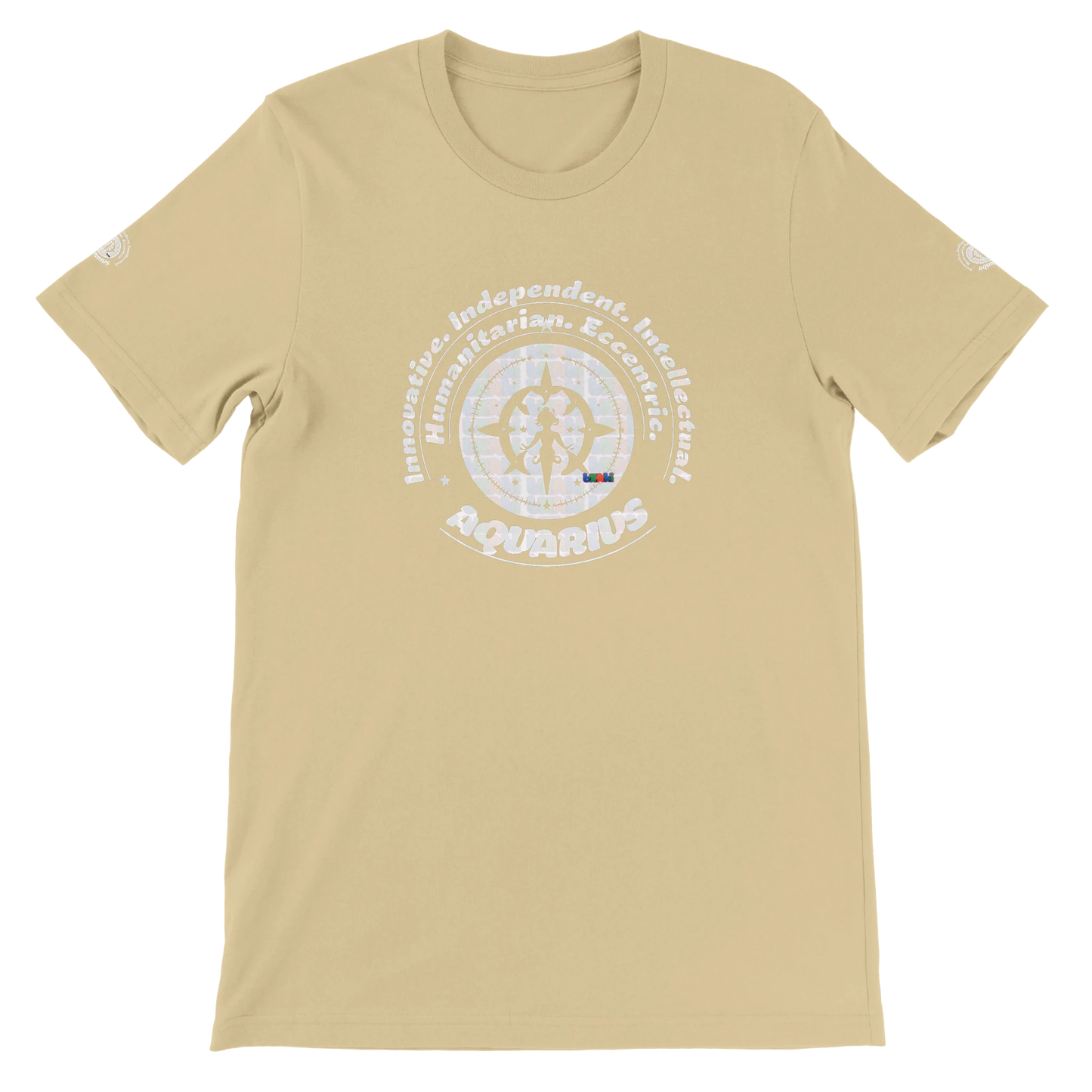 Yellow unisex crewneck T-shirt with Aquarius Astrology design, Innovative, Independent, Intellectual, Humanitarian, Eccentric.
