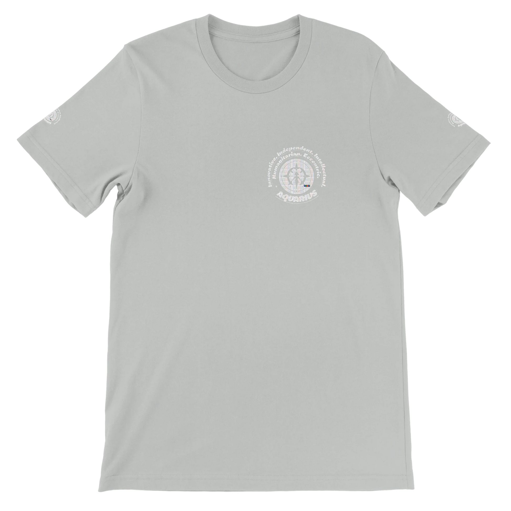 Gray unisex crewneck T-shirt with Aquarius astrology design. Perfect gift, stylish and comfortable for astrology enthusiasts.