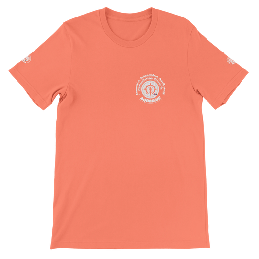 Orange unisex crewneck T-shirt with Aquarius zodiac design, printed on soft Bella + Canvas 3001. Perfect for astrology lovers.