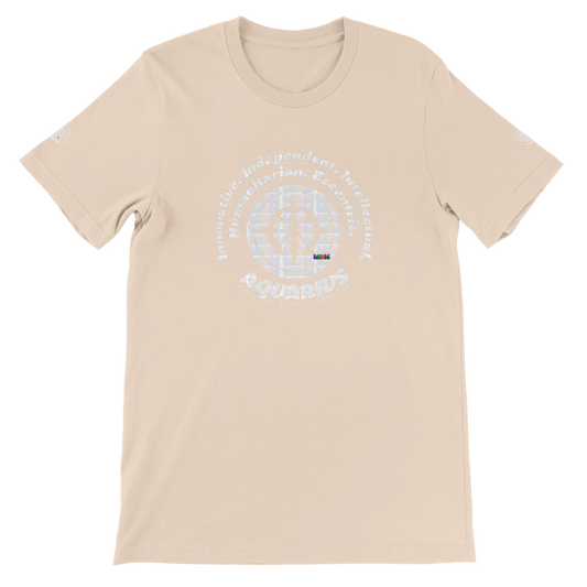 Pink unisex crewneck T-shirt with Aquarius zodiac design, printed on soft Bella + Canvas 3001. Perfect for astrology lovers.