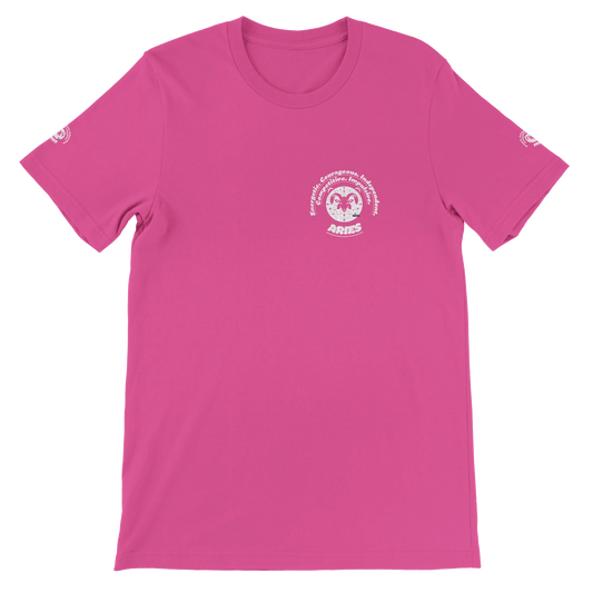 Pink unisex crewneck T-shirt with Aries zodiac horoscope, perfect birthday gift for astrology lovers, soft and stylish.