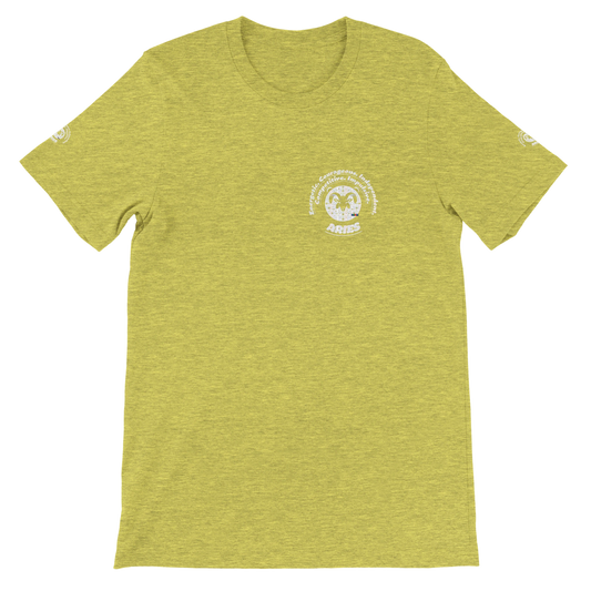 Yellow unisex crewneck T-shirt with Aries Horoscope Zodiac design on soft Bella + Canvas 3001. Comfortable and stylish for all.
