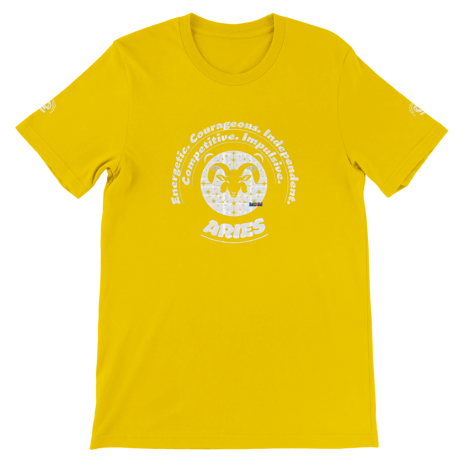Yellow unisex crewneck T-shirt with Aries Horoscope Zodiac design on soft Bella + Canvas 3001. Comfortable and stylish for all.