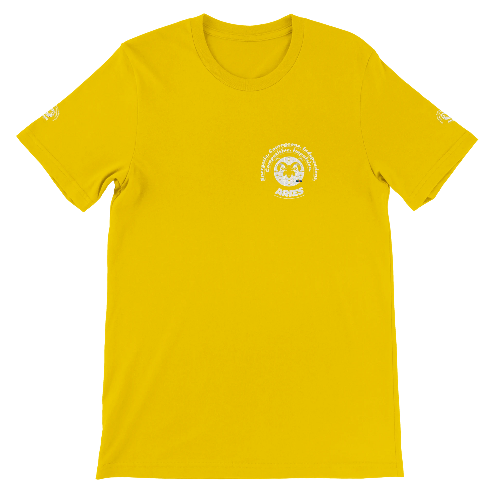 Yellow unisex crewneck T-shirt with Aries Horoscope Zodiac design on soft Bella + Canvas 3001. Comfortable and stylish for all.