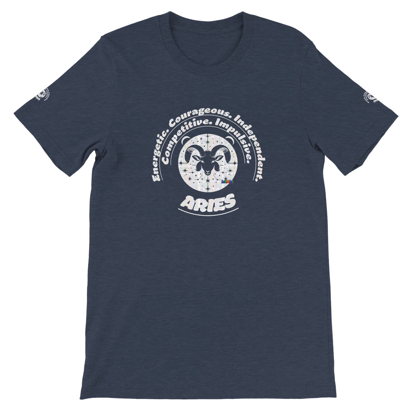 Blue unisex crewneck Bella T-shirt with Aries zodiac horoscope, perfect birthday gift for astrology lovers, trendybuybest.com