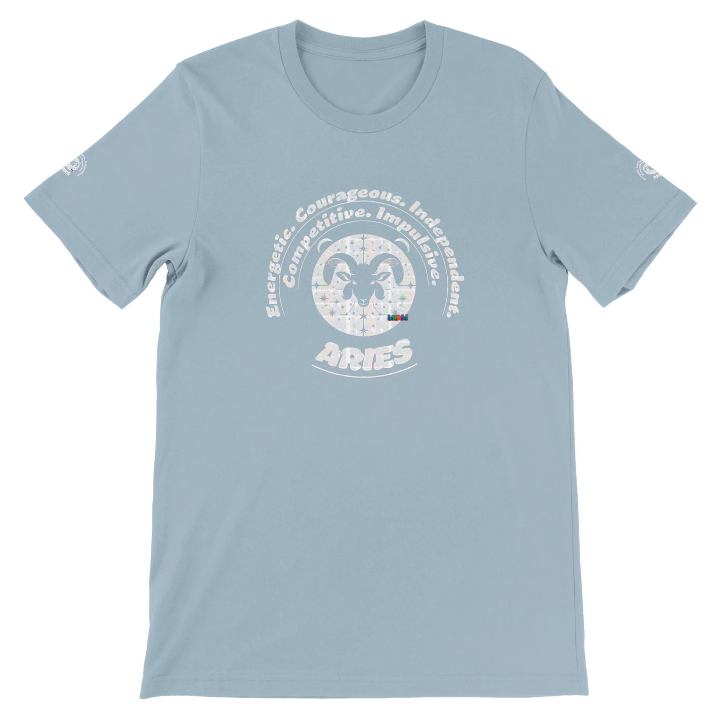 Blue unisex crewneck Bella T-shirt with Aries zodiac horoscope, perfect birthday gift for astrology lovers, trendybuybest.com
