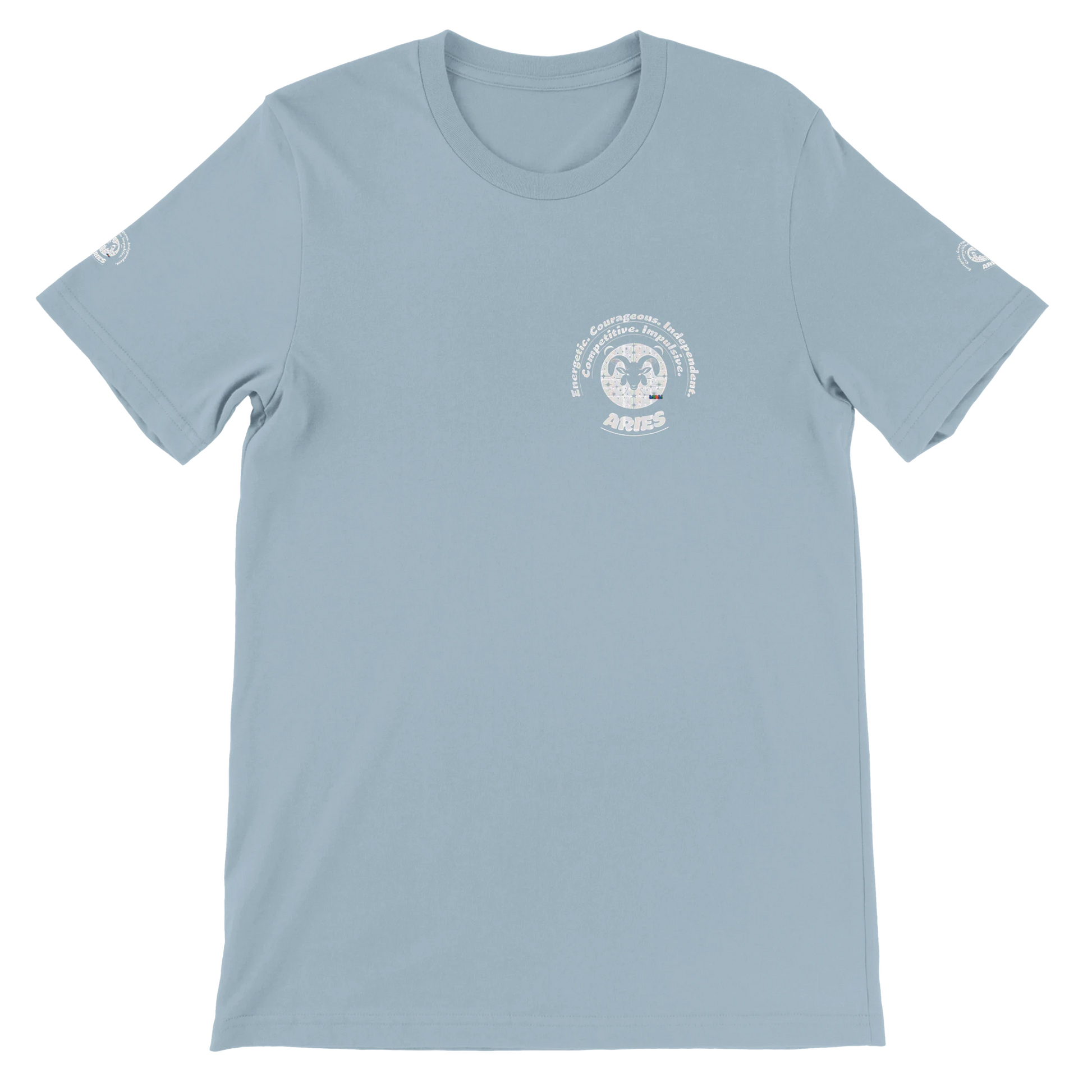 Blue unisex crewneck Bella T-shirt with Aries zodiac horoscope, perfect birthday gift for astrology lovers, trendybuybest.com