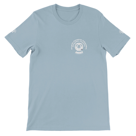 Blue unisex crewneck Bella T-shirt with Aries zodiac horoscope, perfect birthday gift for astrology lovers, trendybuybest.com