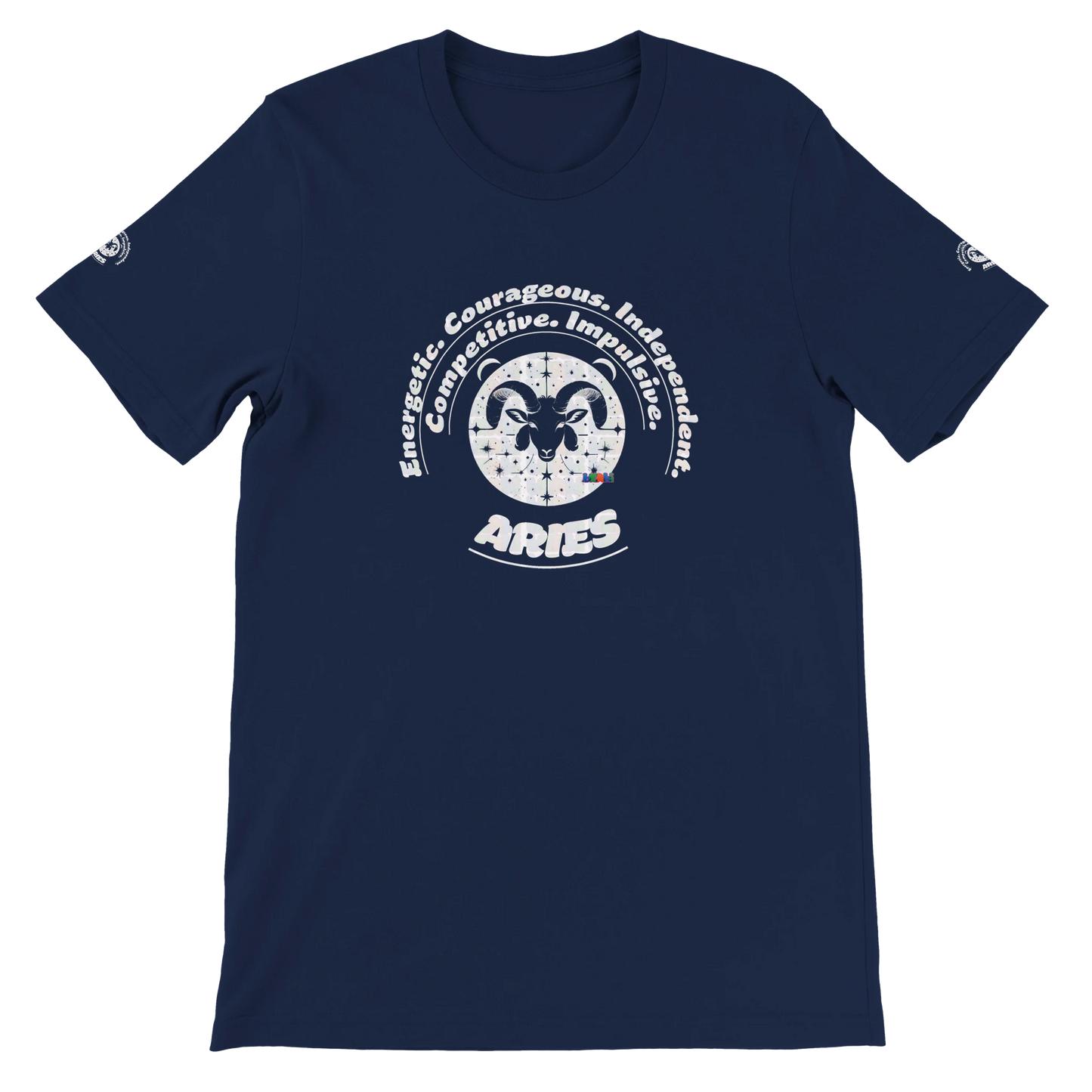 Blue unisex crewneck Bella T-shirt with Aries zodiac horoscope, perfect birthday gift for astrology lovers, trendybuybest.com