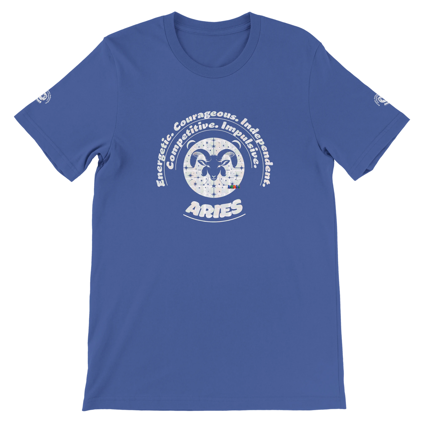 Blue unisex crewneck Bella T-shirt with Aries zodiac horoscope, perfect birthday gift for astrology lovers, trendybuybest.com