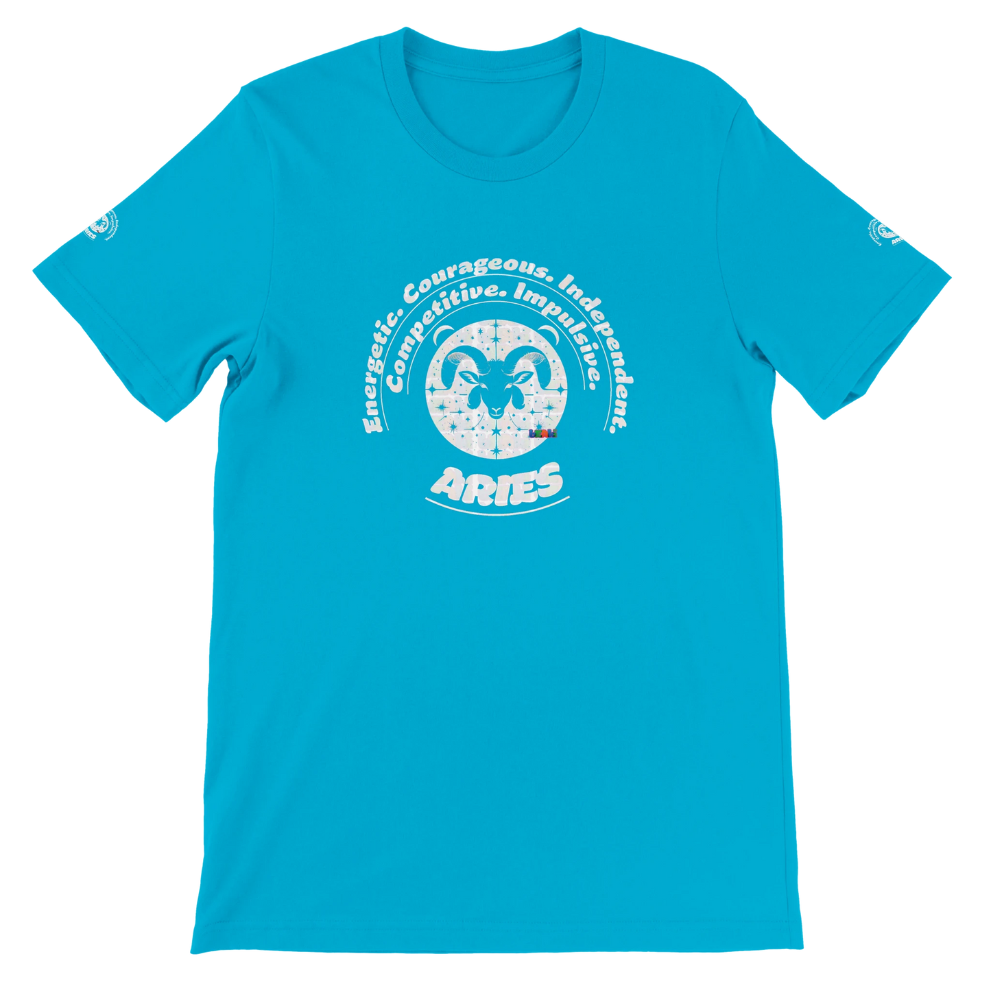 Blue unisex crewneck Bella T-shirt with Aries zodiac horoscope, perfect birthday gift for astrology lovers, trendybuybest.com