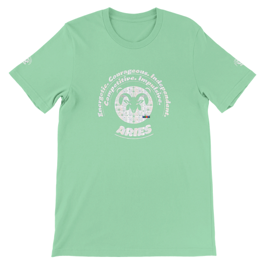 Green unisex crewneck T-shirt with Aries zodiac, perfect birthday gift for astrology lovers, comfortable, soft and stylish.