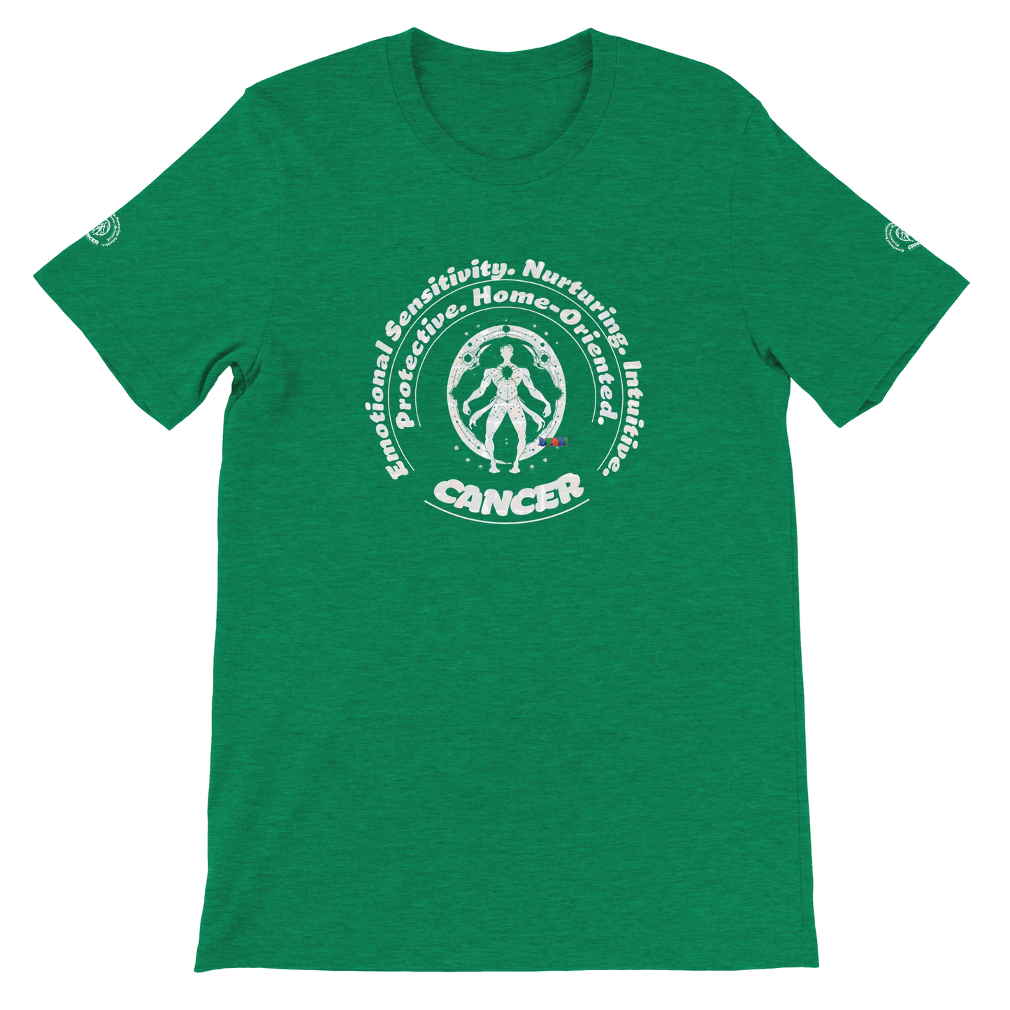 Green unisex crewneck T-shirt with Cancer astrology Zodiac design on soft Bella + Canvas 3001. Comfortable and stylish for all.