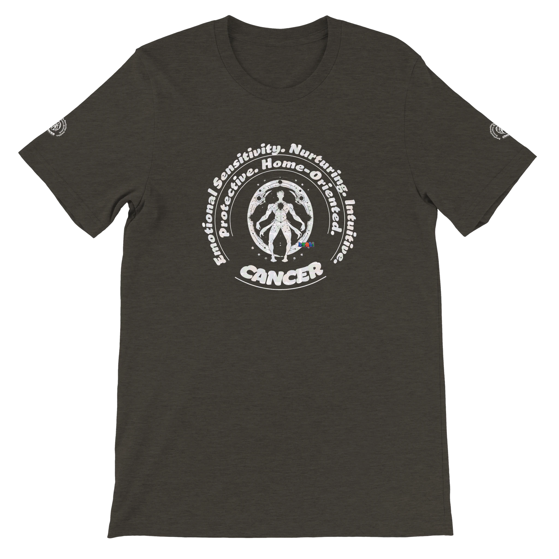 Black Cancer horoscope astrology zodiac unisex crewneck T-shirt with Characters Emotional Sensitivity, Nurturing, Intuitive.