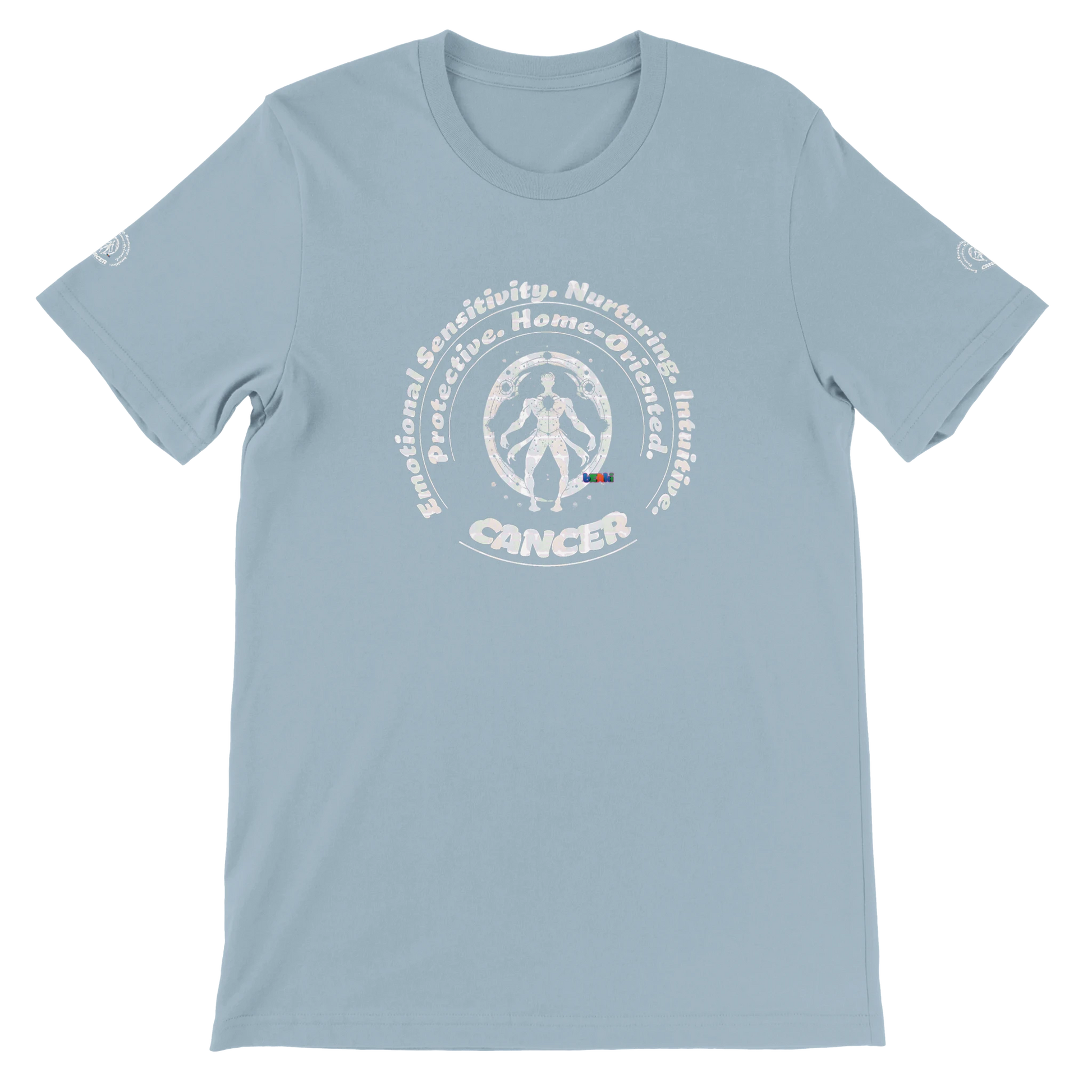 Blue unisex crewneck T-shirt with Cancer horoscope astrology zodiac design on soft Bella + Canvas 3001 by trendybuybest.com