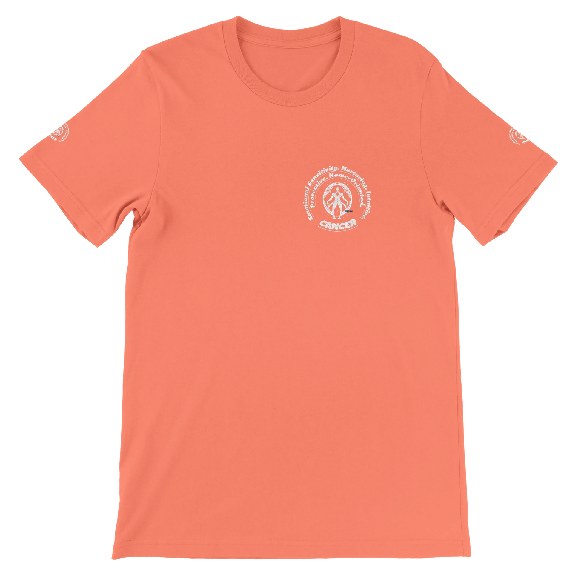 Orange unisex crewneck Bella T-shirt with Cancer zodiac horoscope, perfect birthday gift for astrology lover trendybuybest.com