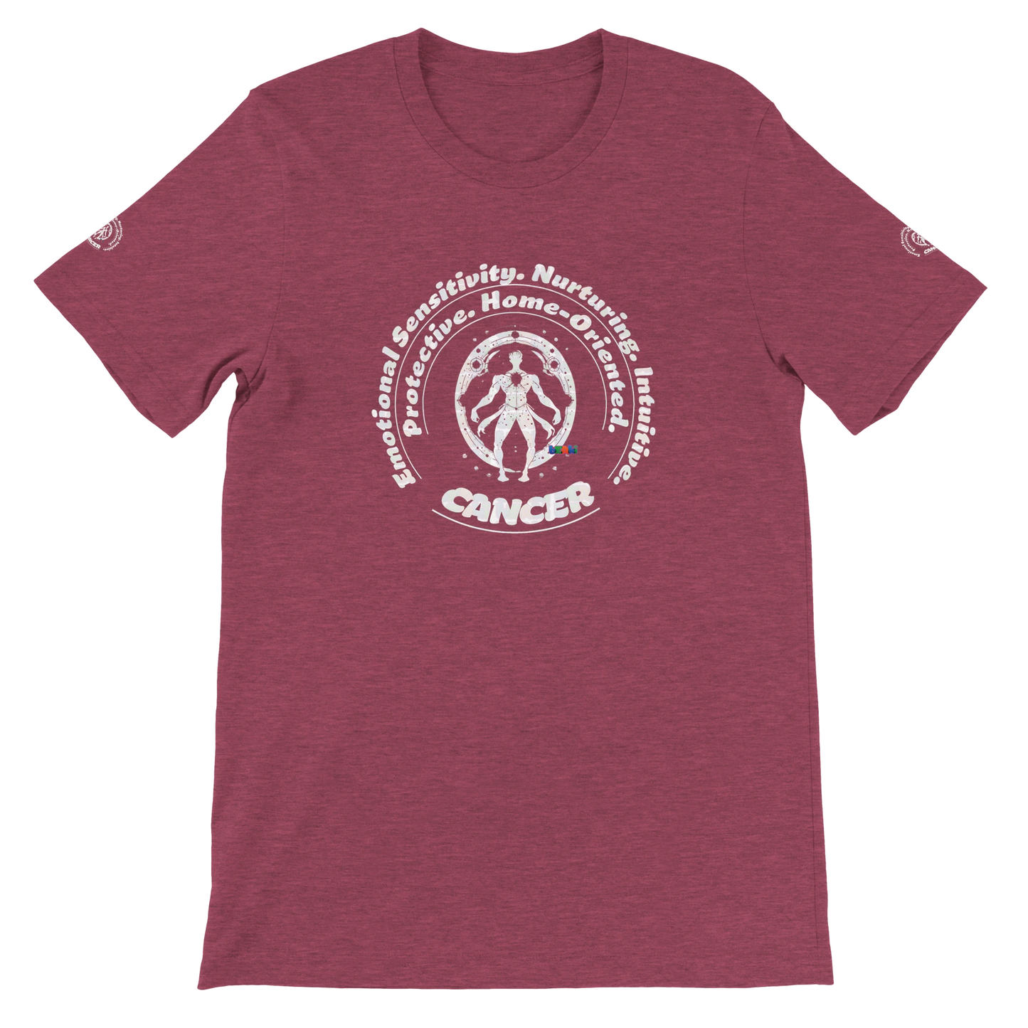 Purple unisex crewneck T-shirt with Cancer zodiac horoscope, perfect birthday gift for astrology lovers, soft and stylish.