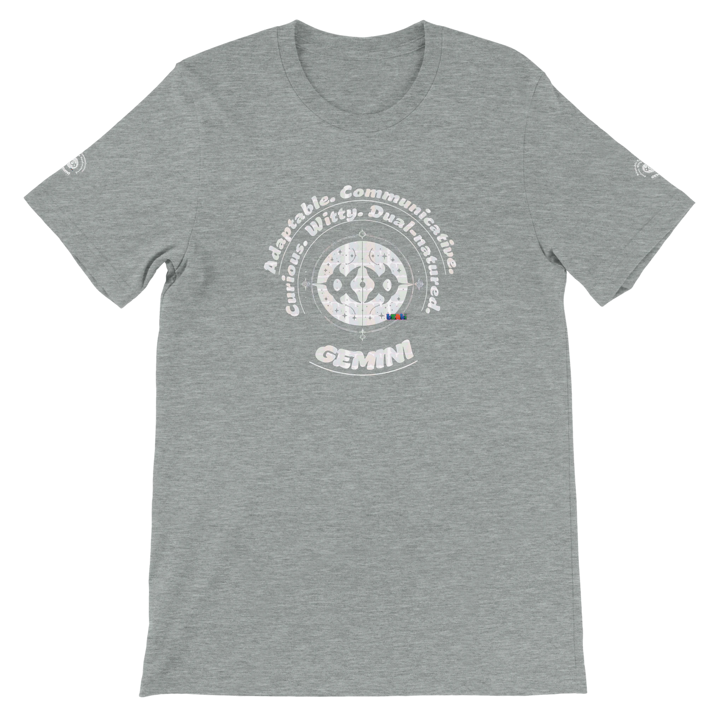 Gray unisex crewneck T-shirt with Gemini Zodiac Horoscope. Characters of Adaptable Curious Communicative Witty Dual-natured.