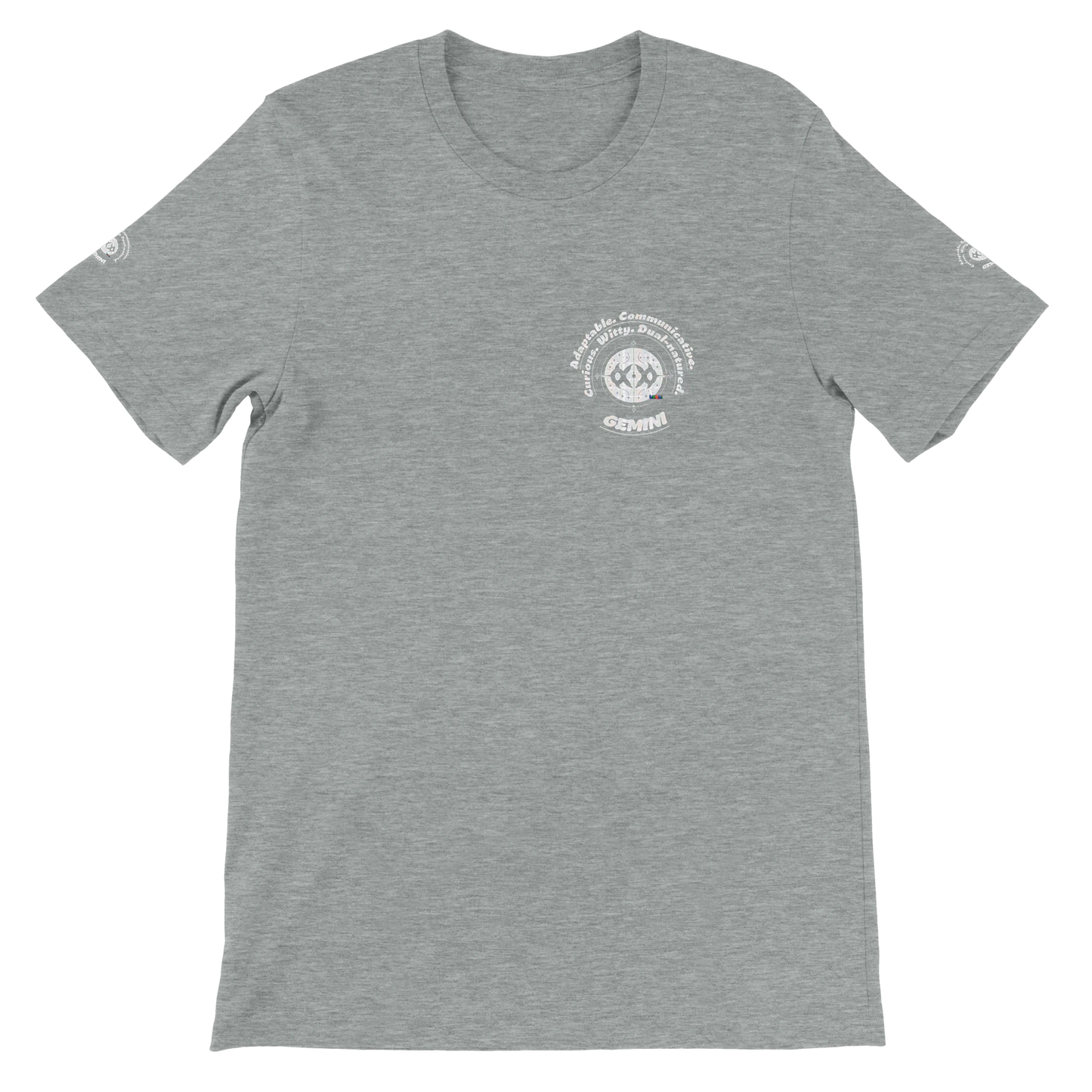Gray unisex crewneck T-shirt with Gemini Zodiac Horoscope. Characters of Adaptable Curious Communicative Witty Dual-natured.