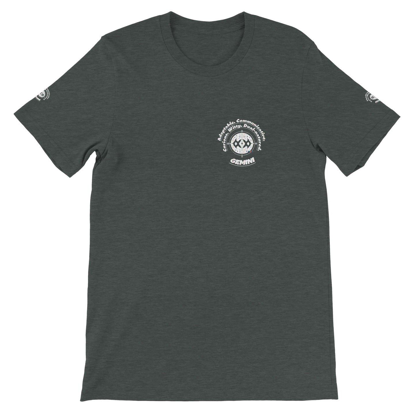 Gray unisex crewneck T-shirt with Gemini Zodiac Horoscope. Characters of Adaptable Curious Communicative Witty Dual-natured.