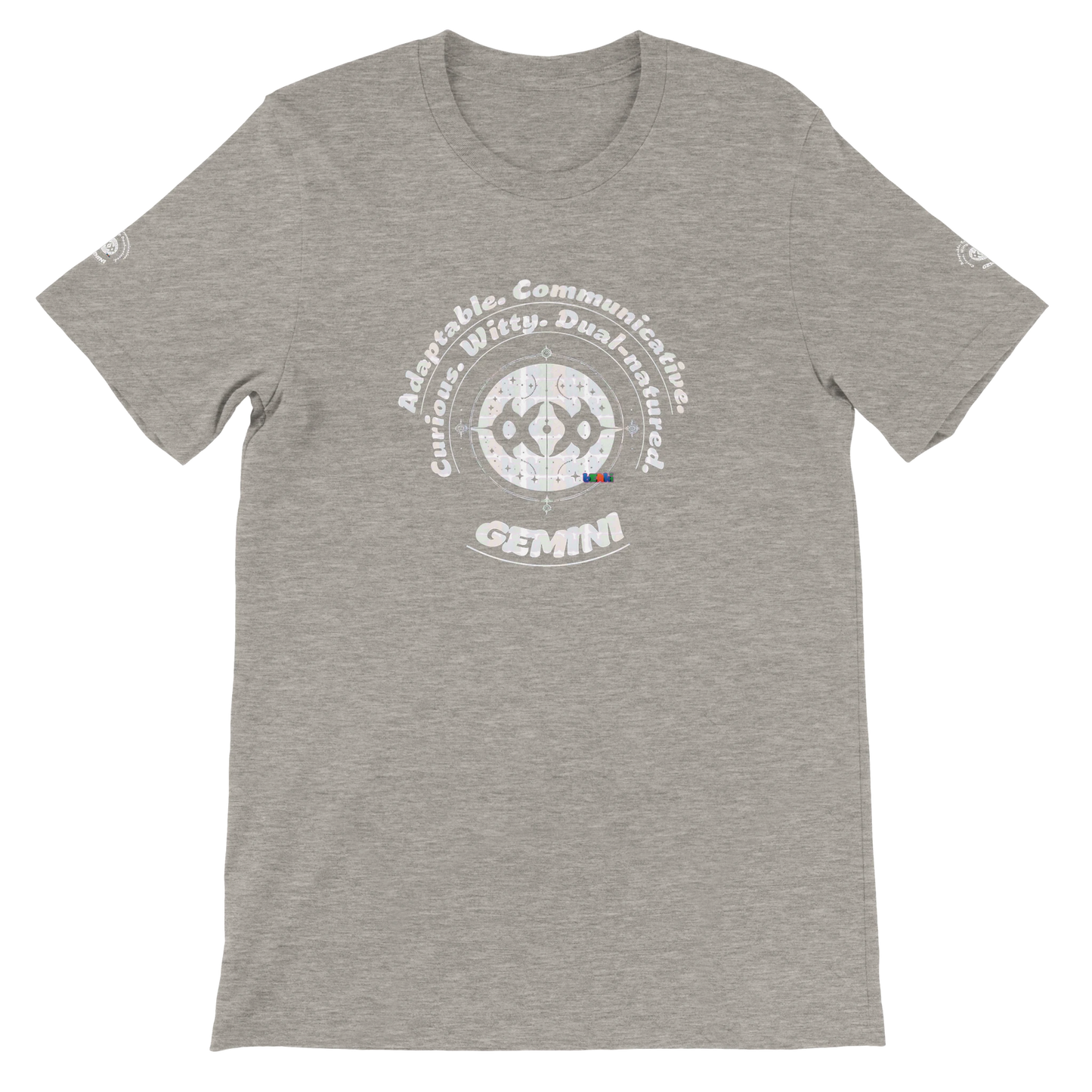 Gray unisex crewneck T-shirt with Gemini Zodiac Horoscope. Characters of Adaptable Curious Communicative Witty Dual-natured.
