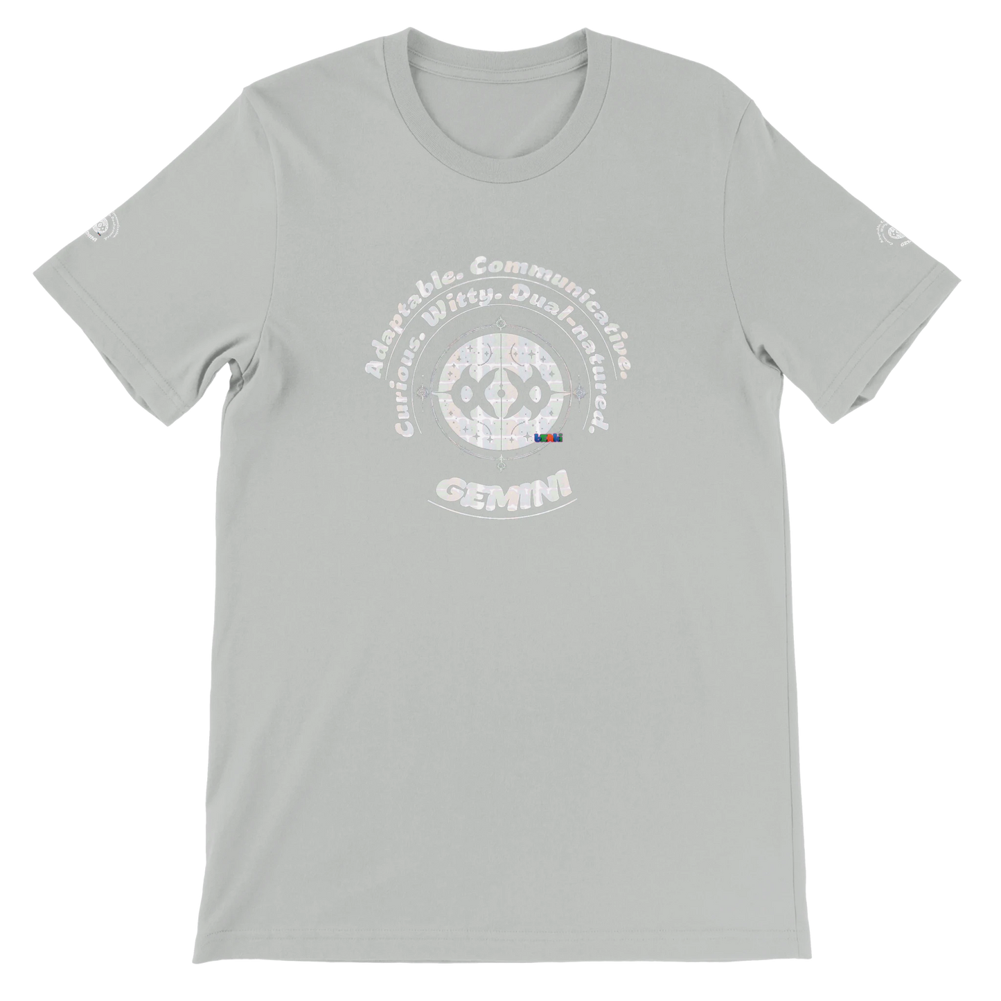 Gray unisex crewneck T-shirt with Gemini Zodiac Horoscope. Characters of Adaptable Curious Communicative Witty Dual-natured.