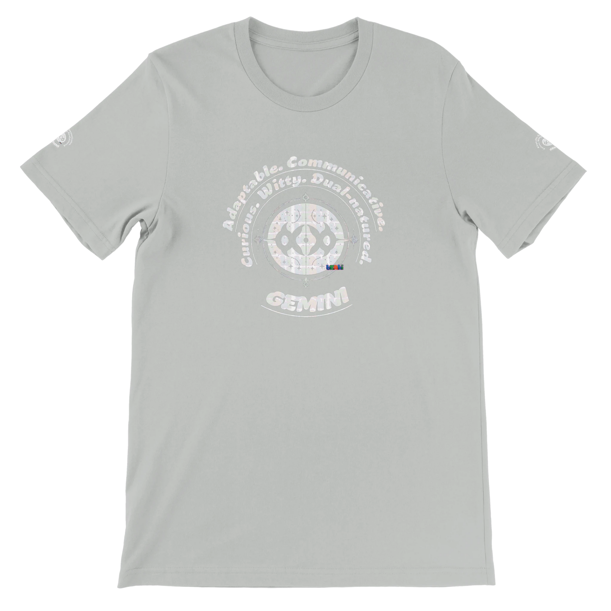 Gray unisex crewneck T-shirt with Gemini Zodiac Horoscope. Characters of Adaptable Curious Communicative Witty Dual-natured.